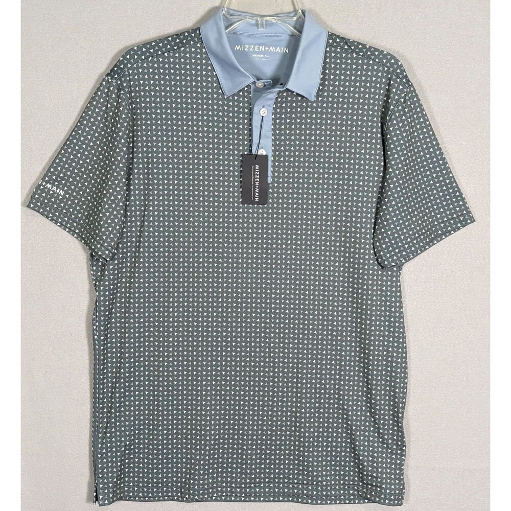 NWT Mizzen Main Versa Polo Mens M Gray Blue Geometric Trim Fit Performance Golf